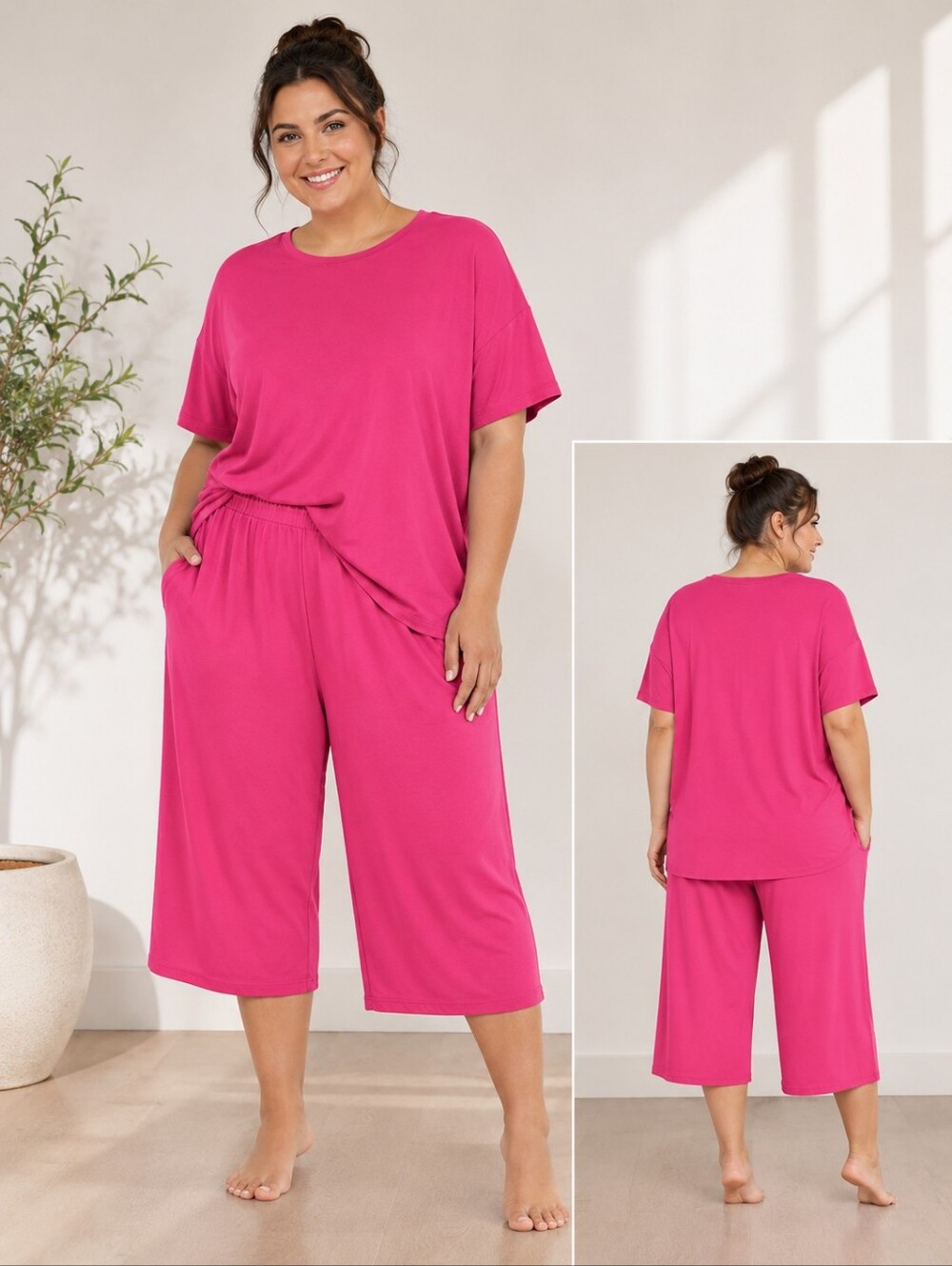 Women’s 2 Piece Lounge Set 3XL Hot Pink Oversized Top & Capri/Culotte Pants NWT